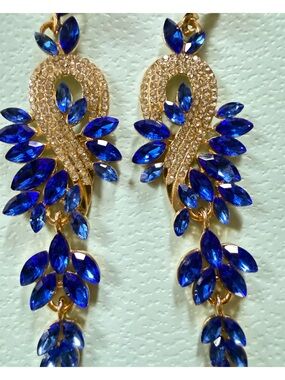 Gold-Tone Blue Crystal Leaf Drop Earrings